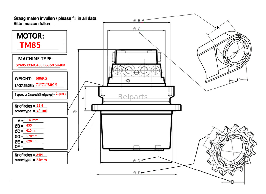 Belparts Excavator Travel Motor assy TM85 SY485 XCM490 LG950 SK480 Final Drive Assy para kobelco sany
