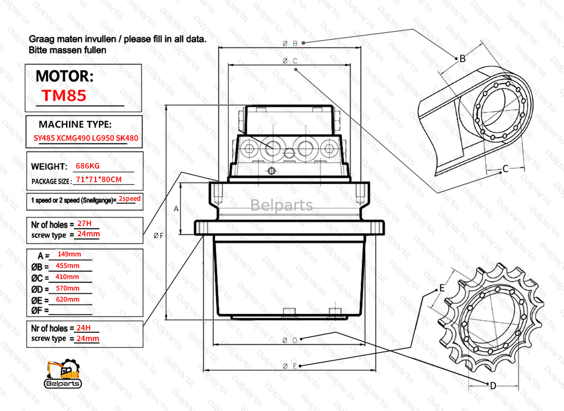 Belparts Excavator Travel Motor assy TM85 SY485 XCM490 LG950 SK480 Final Drive Assy para kobelco sany