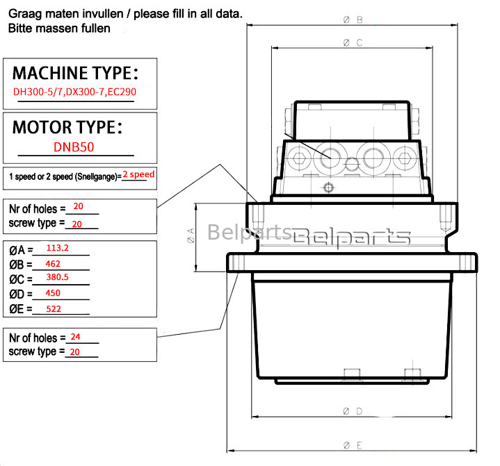 Doosan DX300-7 DH300-5 EC290 Motor de Viagem Assy para Peças de Escavação