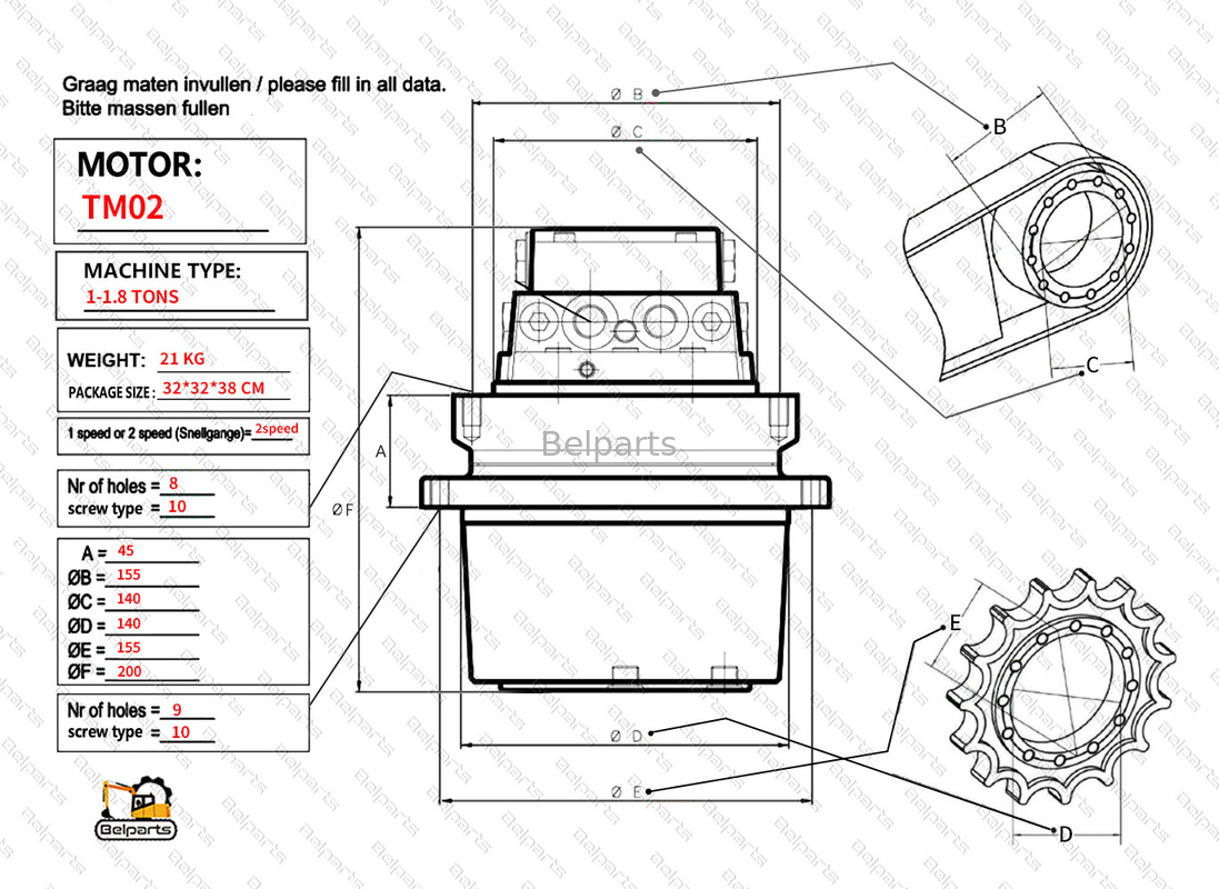 Belparts Yanmar B17.2 B19 B18EX VIO25 VIO30 VIO20.2 B15 YB121.2B Excavadora Motor hidráulico para TM01 Final Drive
