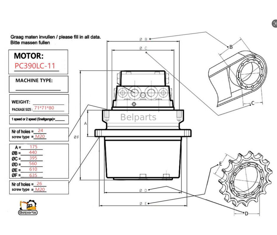 Final Drive para PC390LC-11 PC490LC-11 PC390-11 PC490-11 Komatsu Excavator Peças sobressalentes 208-27-00500 Motor de viagem com montagem de caixa de engrenagens