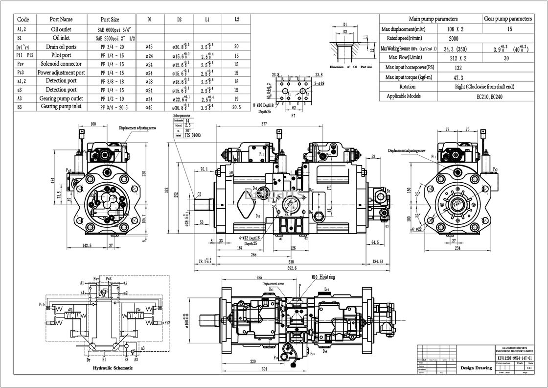 Bomba hidráulica para VOLVOo EC210 EC210B EC240 EC240B Peças de escavadeira SA 1142-00012 SA 8230-14650 SA 1142-00531 Kawasaki K3V112DT-9N24-14T Bomba de pistão OEM